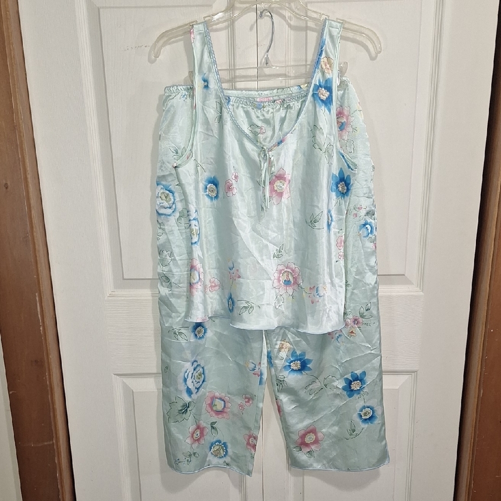 Light Blue Floral Satin Pajama Set - Women's Camisole & Pants